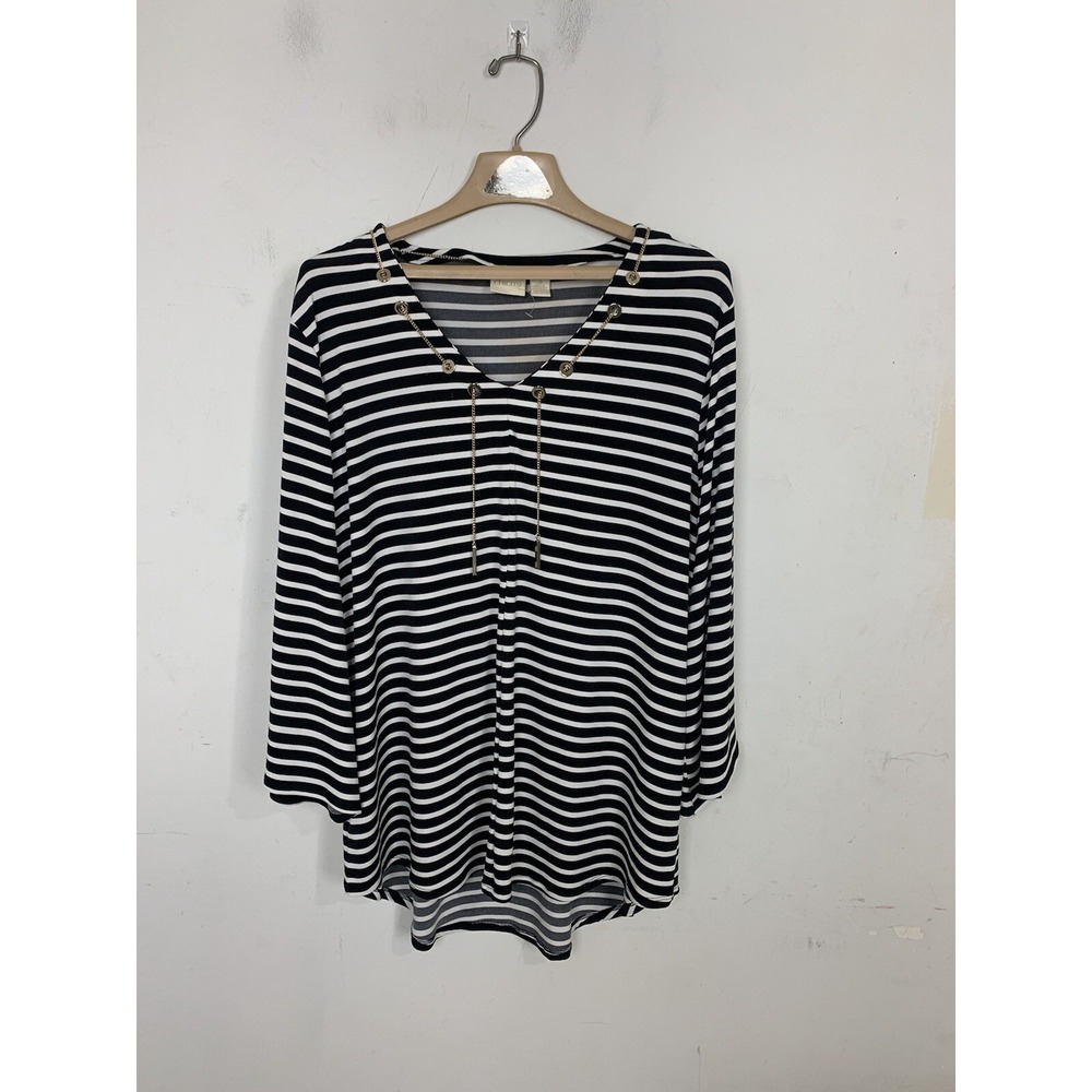 Chicos Black White Striped V-Neck Chain Detail Tunic Top Size 3 XL